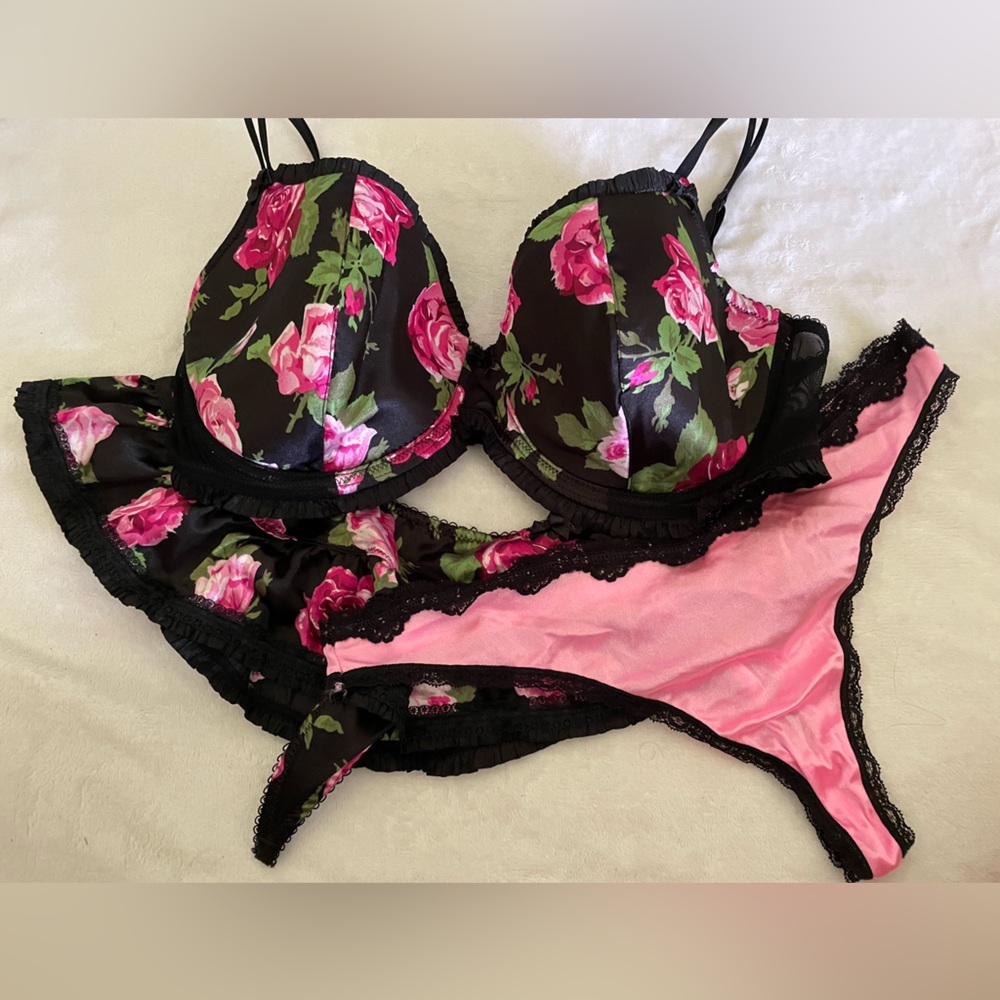 Smart & Sexy 3 pc Bra & Panties Set,Size 42D bra, panties-flower (7), pink (9)